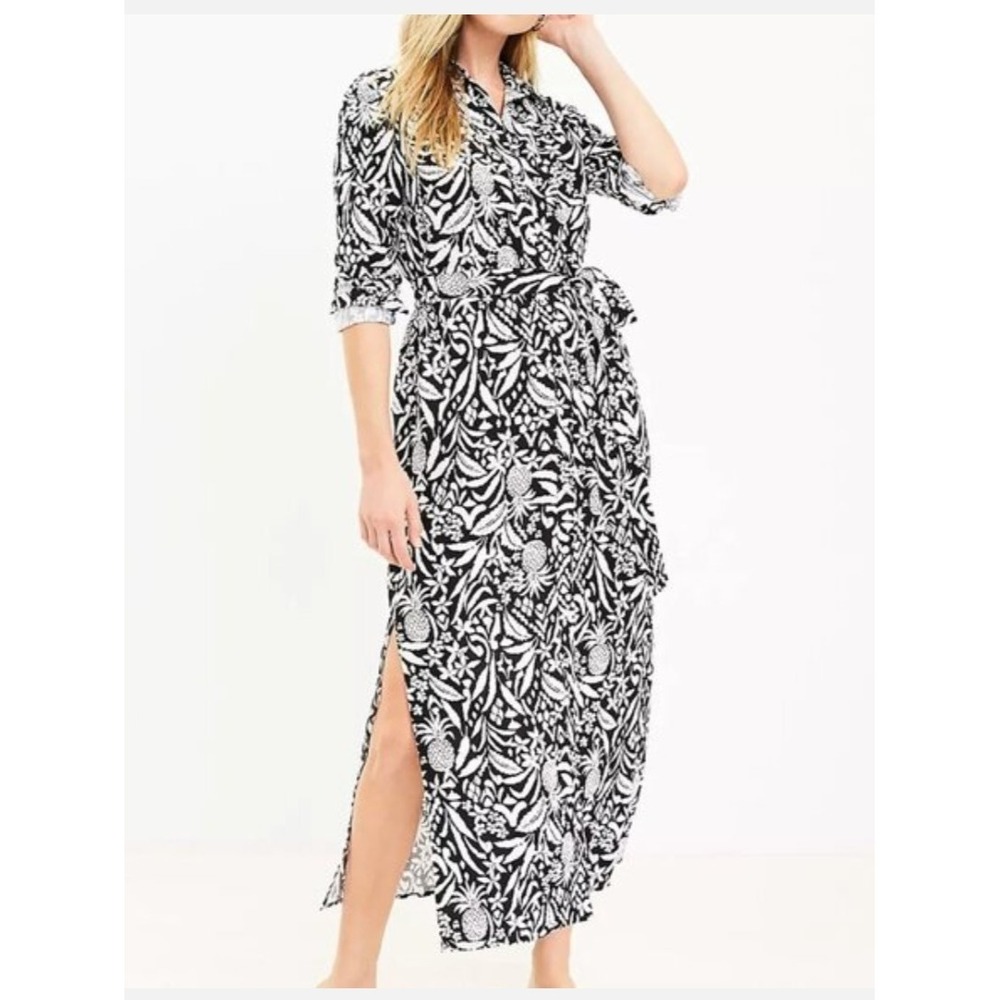 Loft‎ Black White Print Tied Linen Blend Dress 6 Summer Beach Resort Casual